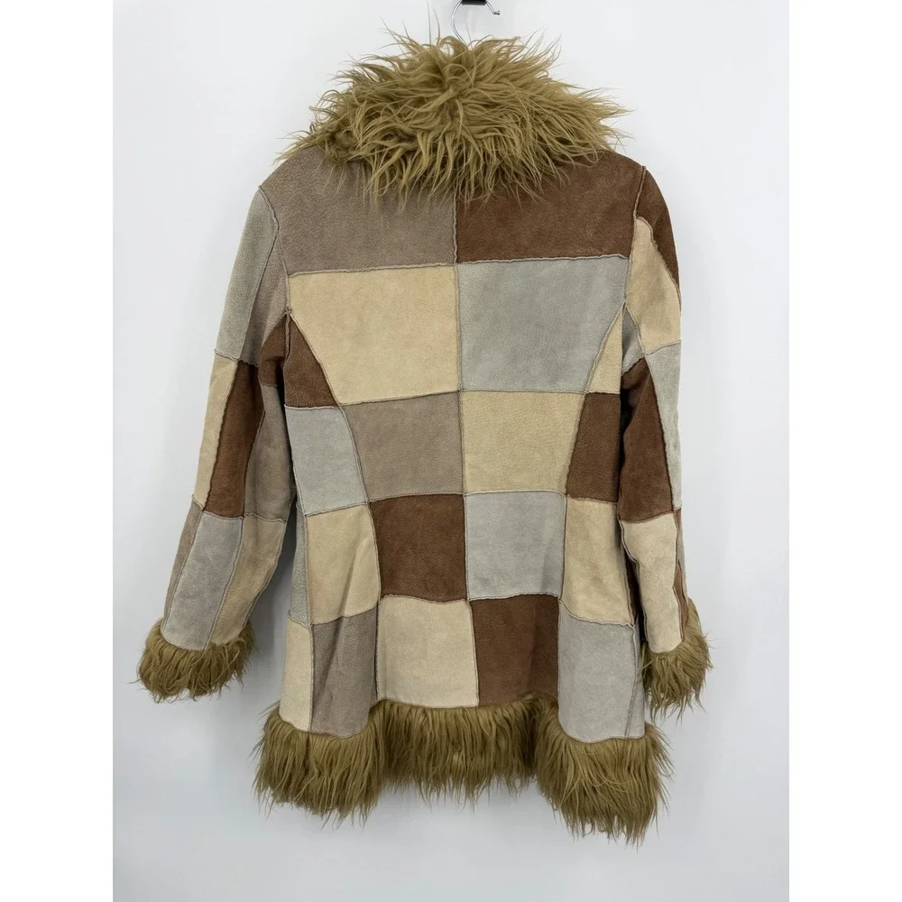 Esprit Patchwork Suede Faux Fur Trim Coat Womens Medium Brown Boho Penny Lane